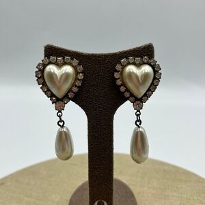 Vintage 1960s heart dangle pierced faux pearl prong set clear rhinestone